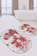 - RealHomes - Realhomes  Love Tasarımlı Yılbaşı Temalı Özel Tasarım 2'li Oval Kaymaz Tabanlı Banyo & Mutfak Paspas Takımı Realhomes