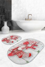 - RealHomes - Realhomes  Love Tasarımlı Yılbaşı Temalı Özel Tasarım 2'li Oval Kaymaz Tabanlı Banyo & Mutfak Paspas Takımı Realhomes