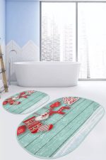 - RealHomes - Realhomes  Yılbaşı Temalı Özel Tasarımlı Dijital Baskılı 2'li Oval Kaymaz Tabanlı Banyo & Mutfak Paspas Takımı Realhomes