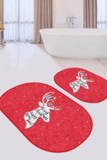 - RealHomes - Realhomes  Kırmızı Zeminli Geyik Motifli Yılbaşı Temalı 2'li Oval Kaymaz Tabanlı Banyo & Mutfak Paspas Takımı Realhomes