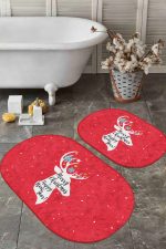 - RealHomes - Realhomes  Kırmızı Zeminli Geyik Motifli Yılbaşı Temalı 2'li Oval Kaymaz Tabanlı Banyo & Mutfak Paspas Takımı Realhomes