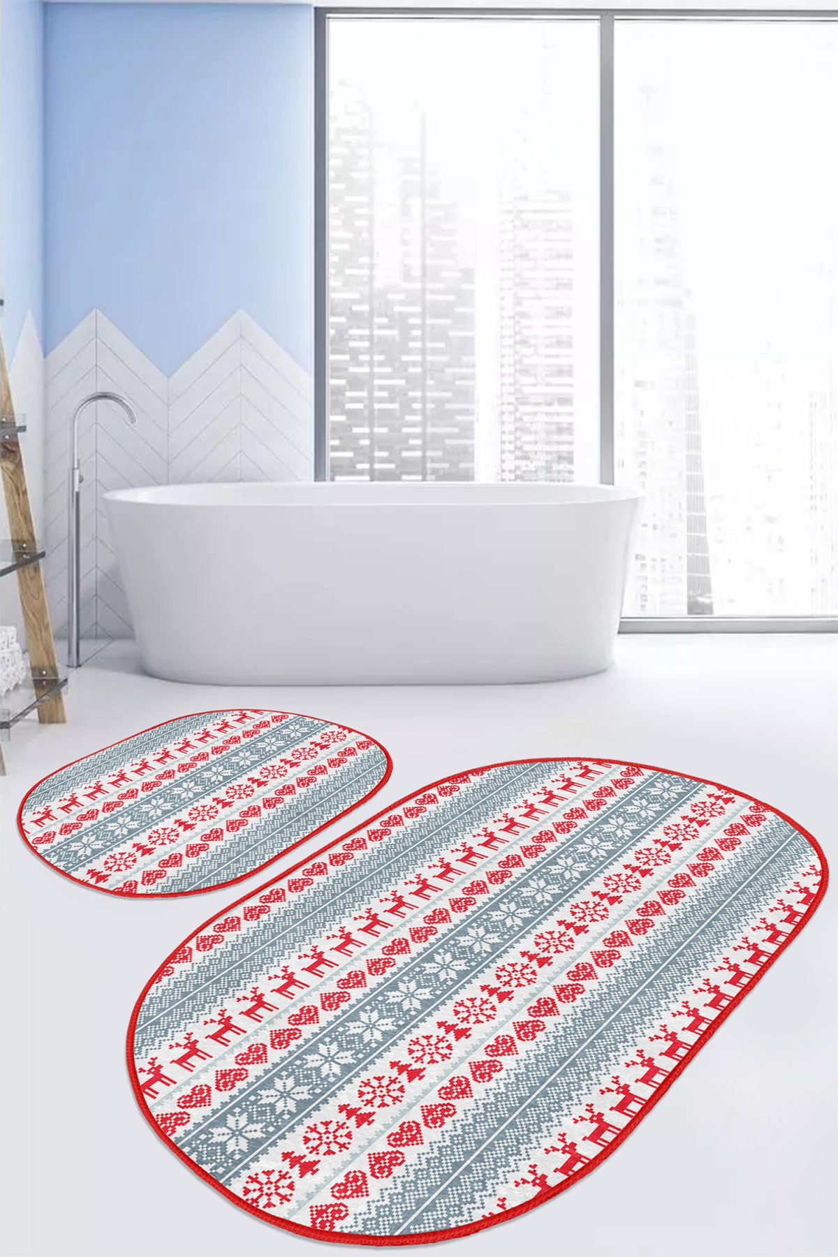 Mery Christmas Temalı Kanaviçe Motifli Dijital Baskılı 2'li Oval Kaymaz Tabanlı Banyo & Mutfak Paspas Takımı Realhomes