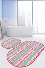 Mery Christmas Temalı Kanaviçe Motifli Dijital Baskılı 2'li Oval Kaymaz Tabanlı Banyo & Mutfak Paspas Takımı Realhomes