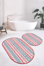 Mery Christmas Temalı Kanaviçe Motifli Dijital Baskılı 2'li Oval Kaymaz Tabanlı Banyo & Mutfak Paspas Takımı Realhomes