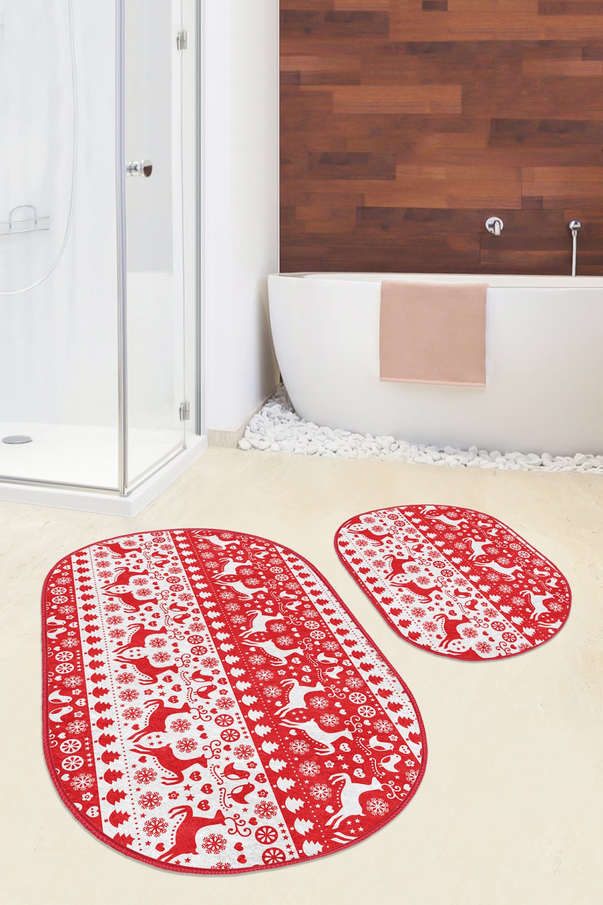 Kırmızı Beyaz Geyikler Dijital Baskılı 2'li Oval Kaymaz Tabanlı Banyo & Mutfak Paspas Takımı Realhomes