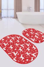 - RealHomes - Realhomes  Kırmızı Zemin Geyik Motifli Özel Tasarımlı 2'li Oval Kaymaz Tabanlı Banyo & Mutfak Paspas Takımı Realhomes