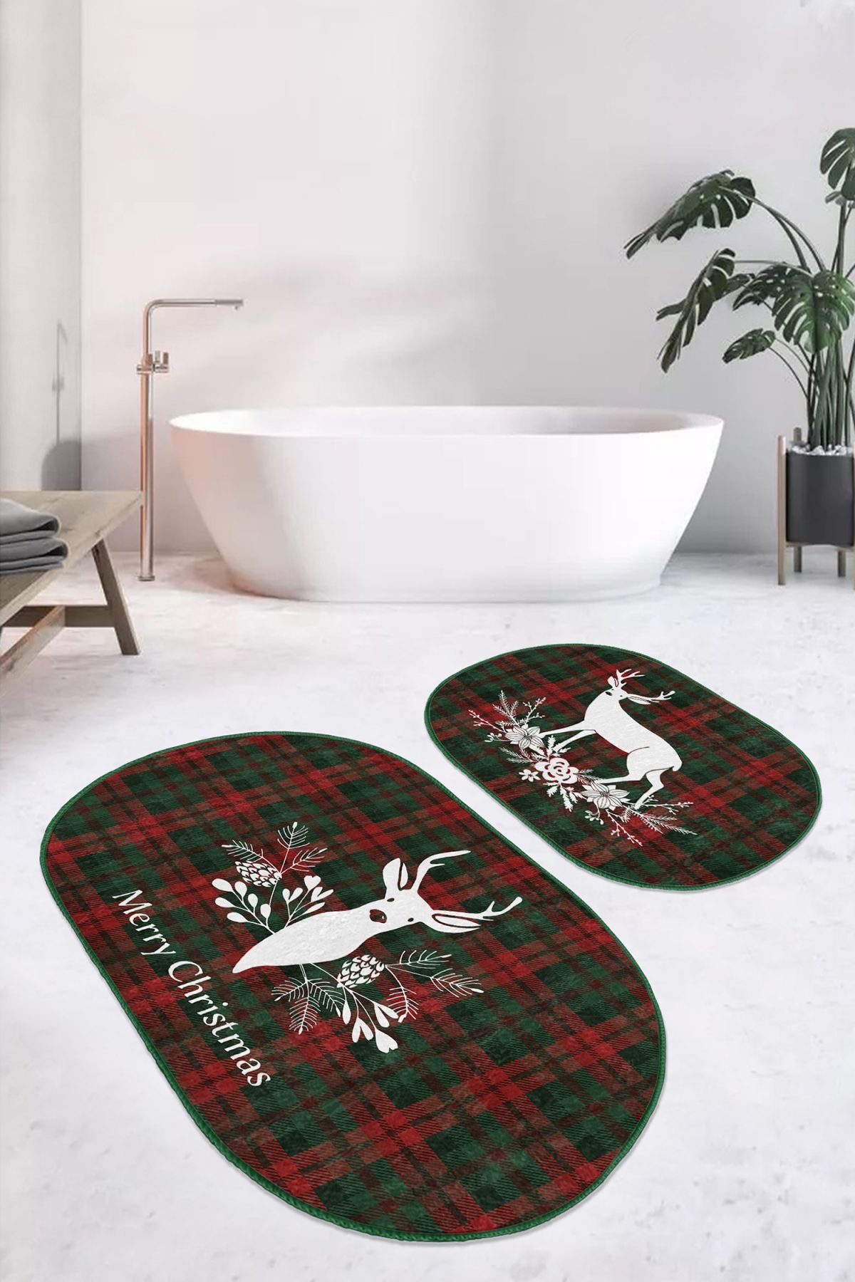 Mery Christmas Temalı Geyik Tasarımlı Dijital Baskılı 2'li Oval Kaymaz Tabanlı Banyo & Mutfak Paspas Takımı Realhomes