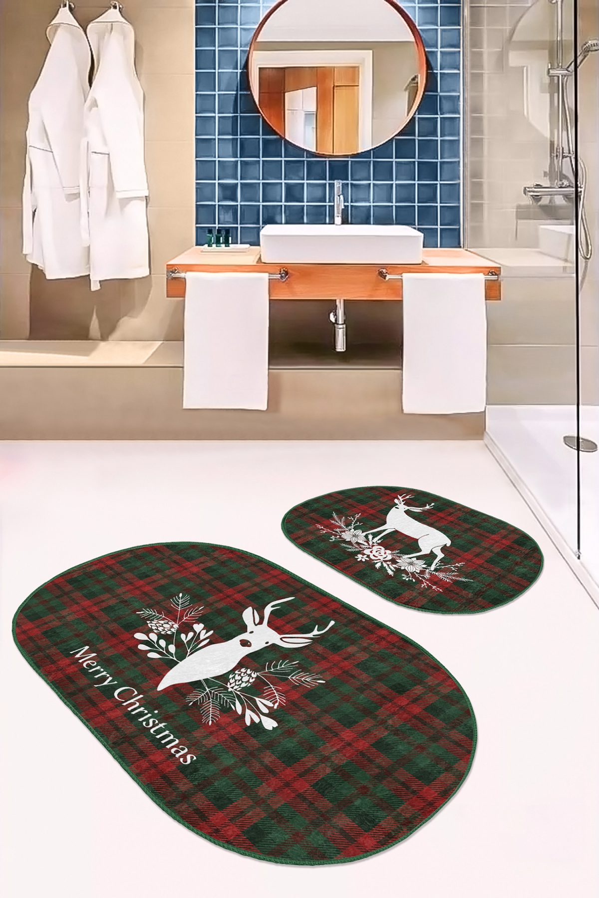 Mery Christmas Temalı Geyik Tasarımlı Dijital Baskılı 2'li Oval Kaymaz Tabanlı Banyo & Mutfak Paspas Takımı Realhomes