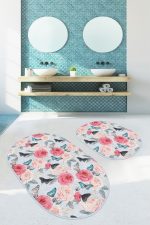 - RealHomes - Realhomes  Mavi Zemin Kelebek Gül Motifli Özel Tasarım 2'li Oval Kaymaz Tabanlı Banyo & Mutfak Paspas Takımı Realhomes