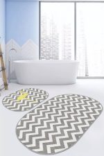 Gri Zigzag Motifli Dijital Baskılı Flamingo Motifli 2'li Oval Kaymaz Tabanlı Banyo & Mutfak Paspas Takımı Realhomes