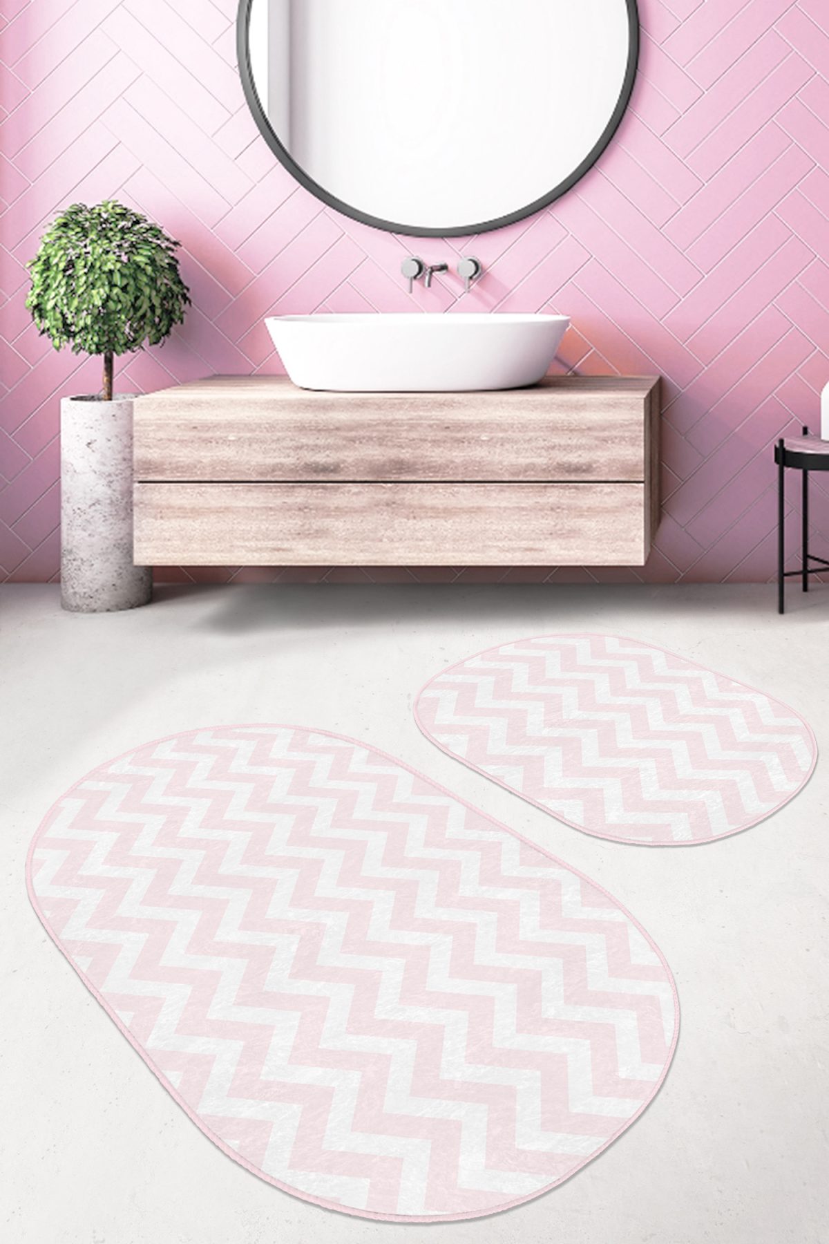 Geometrik Pembe Zigzag Motifli 2'li Oval Kaymaz Tabanlı Banyo & Mutfak Paspas Takımı Realhomes