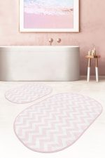 Geometrik Pembe Zigzag Motifli 2'li Oval Kaymaz Tabanlı Banyo & Mutfak Paspas Takımı Realhomes