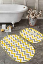 - RealHomes - Realhomes  Sarı Gri Zigzag Tasarımlı Flamingo Motifli 2'li Oval Kaymaz Tabanlı Banyo & Mutfak Paspas Takımı Realhomes