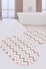 Pembe Gri Zigzag Motifli Flaminto Tasarımlı 2'li Oval Kaymaz Tabanlı Banyo & Mutfak Paspas Takımı Realhomes