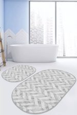 - RealHomes - Realhomes Gri Mermer Motifli Ebru Desenli Dijital Baskılı 2'li Oval Kaymaz Tabanlı Banyo & Mutfak Paspas Takımı Realhomes