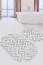- RealHomes - Realhomes Gri Mermer Motifli Ebru Desenli Dijital Baskılı 2'li Oval Kaymaz Tabanlı Banyo & Mutfak Paspas Takımı Realhomes