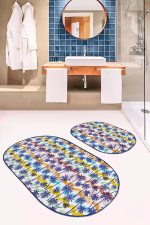 - RealHomes - Realhomes  Renkli Çizgiler Mavi Palmiye Ağaçları 2'li Oval Kaymaz Tabanlı Banyo & Mutfak Paspas Takımı Realhomes