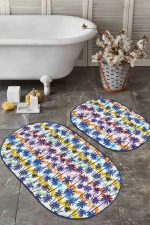 - RealHomes - Realhomes  Renkli Çizgiler Mavi Palmiye Ağaçları 2'li Oval Kaymaz Tabanlı Banyo & Mutfak Paspas Takımı Realhomes