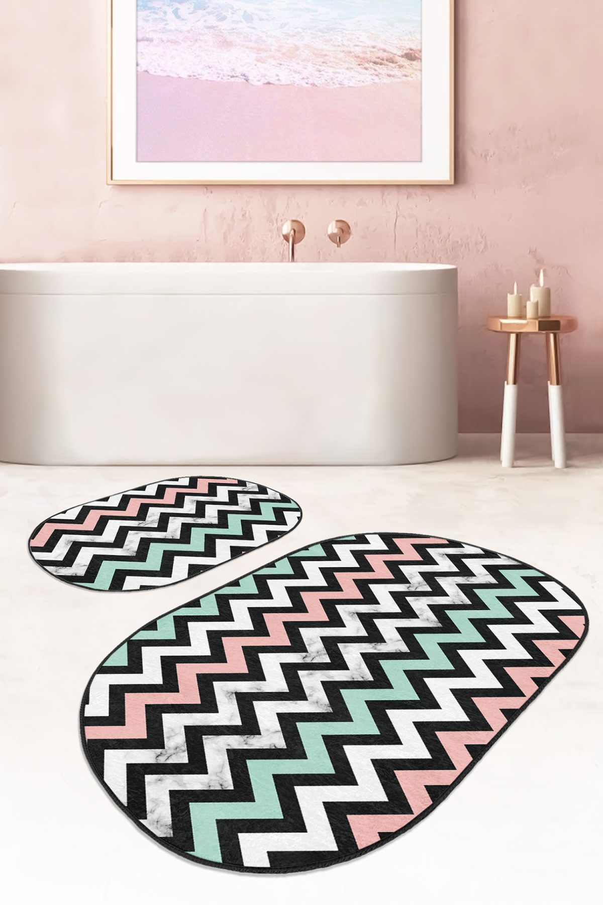 Soft Renkli Zigzag Tasarımlı Dijital Baskılı 2'li Oval Kaymaz Tabanlı Banyo & Mutfak Paspas Takımı Realhomes