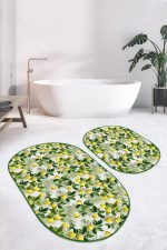 - RealHomes - Realhomes  Yeşil Yapraklar Limon Desenli Özel Tasarım 2'li Oval Kaymaz Tabanlı Banyo & Mutfak Paspas Takımı Realhomes