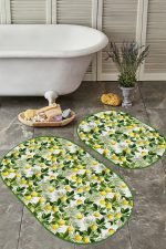 - RealHomes - Realhomes  Yeşil Yapraklar Limon Desenli Özel Tasarım 2'li Oval Kaymaz Tabanlı Banyo & Mutfak Paspas Takımı Realhomes