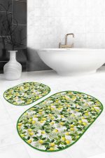 - RealHomes - Realhomes  Yeşil Yapraklar Limon Desenli Özel Tasarım 2'li Oval Kaymaz Tabanlı Banyo & Mutfak Paspas Takımı Realhomes