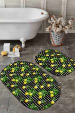 - RealHomes - Realhomes  Kare Puantiye Zeminli Limon Dijital Baskılı 2'li Oval Kaymaz Tabanlı Banyo & Mutfak Paspas Takımı Realhomes