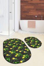 - RealHomes - Realhomes  Kare Puantiye Zeminli Limon Dijital Baskılı 2'li Oval Kaymaz Tabanlı Banyo & Mutfak Paspas Takımı Realhomes