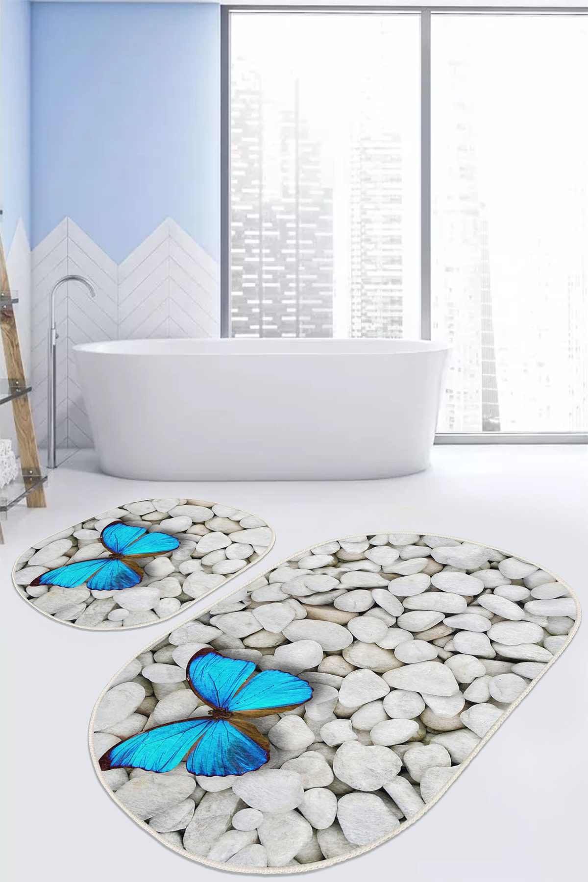 Taş Zemin Mavi Kelebel Dijital Baskılı 2'li Oval Kaymaz Tabanlı Banyo & Mutfak Paspas Takımı Realhomes