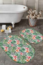 - RealHomes - Realhomes Siyah Zigzag Zemin Tropik Yaprak Gül Motifli 2'li Oval Kaymaz Tabanlı Banyo & Mutfak Paspas Takımı Realhomes