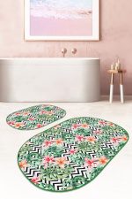 - RealHomes - Realhomes Siyah Zigzag Zemin Tropik Yaprak Gül Motifli 2'li Oval Kaymaz Tabanlı Banyo & Mutfak Paspas Takımı Realhomes