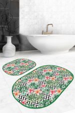 - RealHomes - Realhomes Siyah Zigzag Zemin Tropik Yaprak Gül Motifli 2'li Oval Kaymaz Tabanlı Banyo & Mutfak Paspas Takımı Realhomes