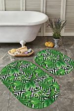 - RealHomes - Realhomes Geometrik Şekilli Zemin 3D Tropik Yaprak Motifli 2'li Oval Kaymaz Tabanlı Banyo & Mutfak Paspas Takımı Realhomes