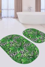 - RealHomes - Realhomes Geometrik Şekilli Zemin 3D Tropik Yaprak Motifli 2'li Oval Kaymaz Tabanlı Banyo & Mutfak Paspas Takımı Realhomes