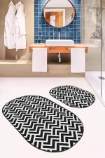 - RealHomes - Realhomes  Siyah Beyaz Geeometrik Zigzaglar Dijital Baskılı 2'li Oval Kaymaz Tabanlı Banyo & Mutfak Paspas Takımı Realhomes