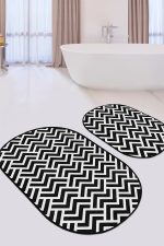 - RealHomes - Realhomes  Siyah Beyaz Geeometrik Zigzaglar Dijital Baskılı 2'li Oval Kaymaz Tabanlı Banyo & Mutfak Paspas Takımı Realhomes