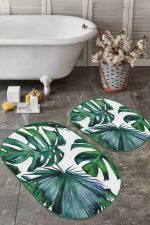 - RealHomes - Realhomes  Tropik Yapraklar Özel Tasarım 2'li Oval Kaymaz Tabanlı Banyo & Mutfak Paspas Takımı Realhomes