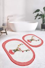 - RealHomes - Realhomes  Kırmızı Dama Çerçeveli Yılbaşı Temalı Geyik 2'li Oval Kaymaz Tabanlı Banyo & Mutfak Paspas Takımı Realhomes