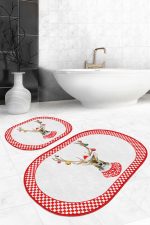 - RealHomes - Realhomes  Kırmızı Dama Çerçeveli Yılbaşı Temalı Geyik 2'li Oval Kaymaz Tabanlı Banyo & Mutfak Paspas Takımı Realhomes