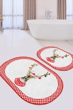 - RealHomes - Realhomes  Kırmızı Dama Çerçeveli Yılbaşı Temalı Geyik 2'li Oval Kaymaz Tabanlı Banyo & Mutfak Paspas Takımı Realhomes