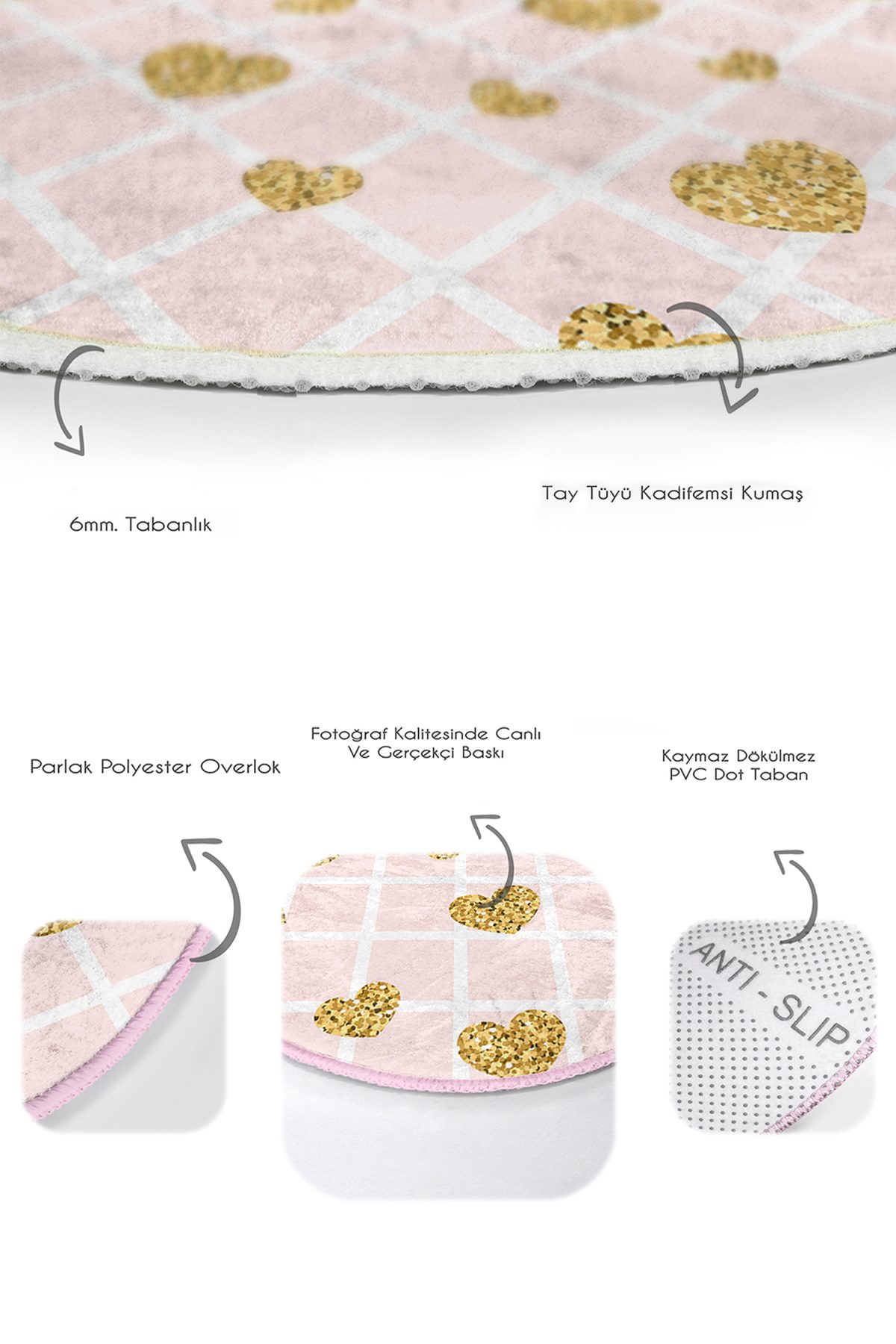 Pembe Kareli Zemin Gold Kalp Detaylı 2'li Oval Kaymaz Tabanlı Banyo & Mutfak Paspas Takımı Realhomes
