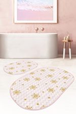 - RealHomes - Realhomes  Pembe Zigzag Zemin Gold Kar Taneleri Özel Tasarım 2'li Oval Kaymaz Tabanlı Banyo & Mutfak Paspas Takımı Realhomes