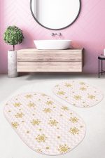 - RealHomes - Realhomes  Pembe Zigzag Zemin Gold Kar Taneleri Özel Tasarım 2'li Oval Kaymaz Tabanlı Banyo & Mutfak Paspas Takımı Realhomes