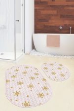 - RealHomes - Realhomes  Pembe Zigzag Zemin Gold Kar Taneleri Özel Tasarım 2'li Oval Kaymaz Tabanlı Banyo & Mutfak Paspas Takımı Realhomes