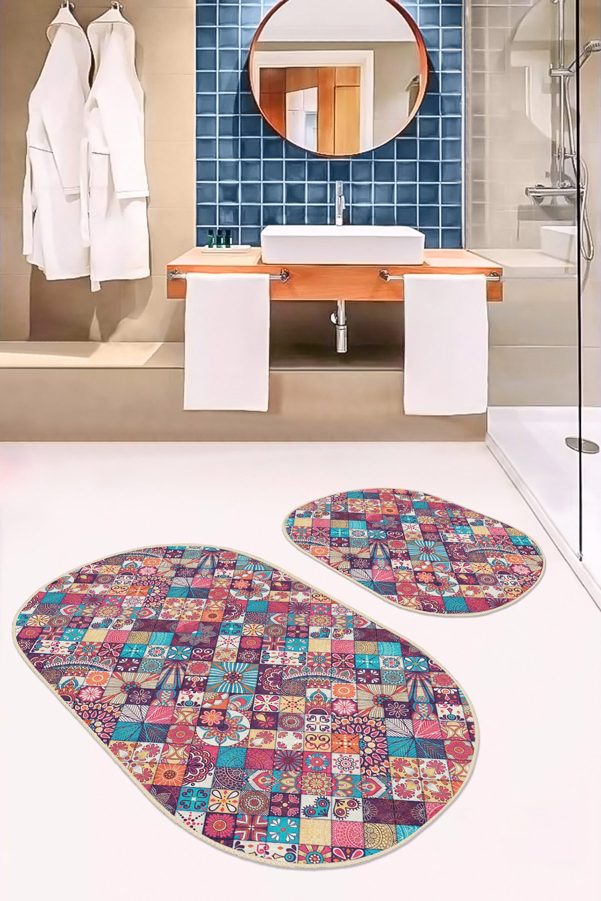 Etnik Kareli Tasarımlı Dijital Baskılı 2'li Oval Kaymaz Tabanlı Banyo & Mutfak Paspas Takımı Realhomes