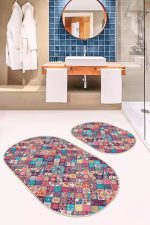 - RealHomes - Realhomes  Etnik Kareli Tasarımlı Dijital Baskılı 2'li Oval Kaymaz Tabanlı Banyo & Mutfak Paspas Takımı Realhomes