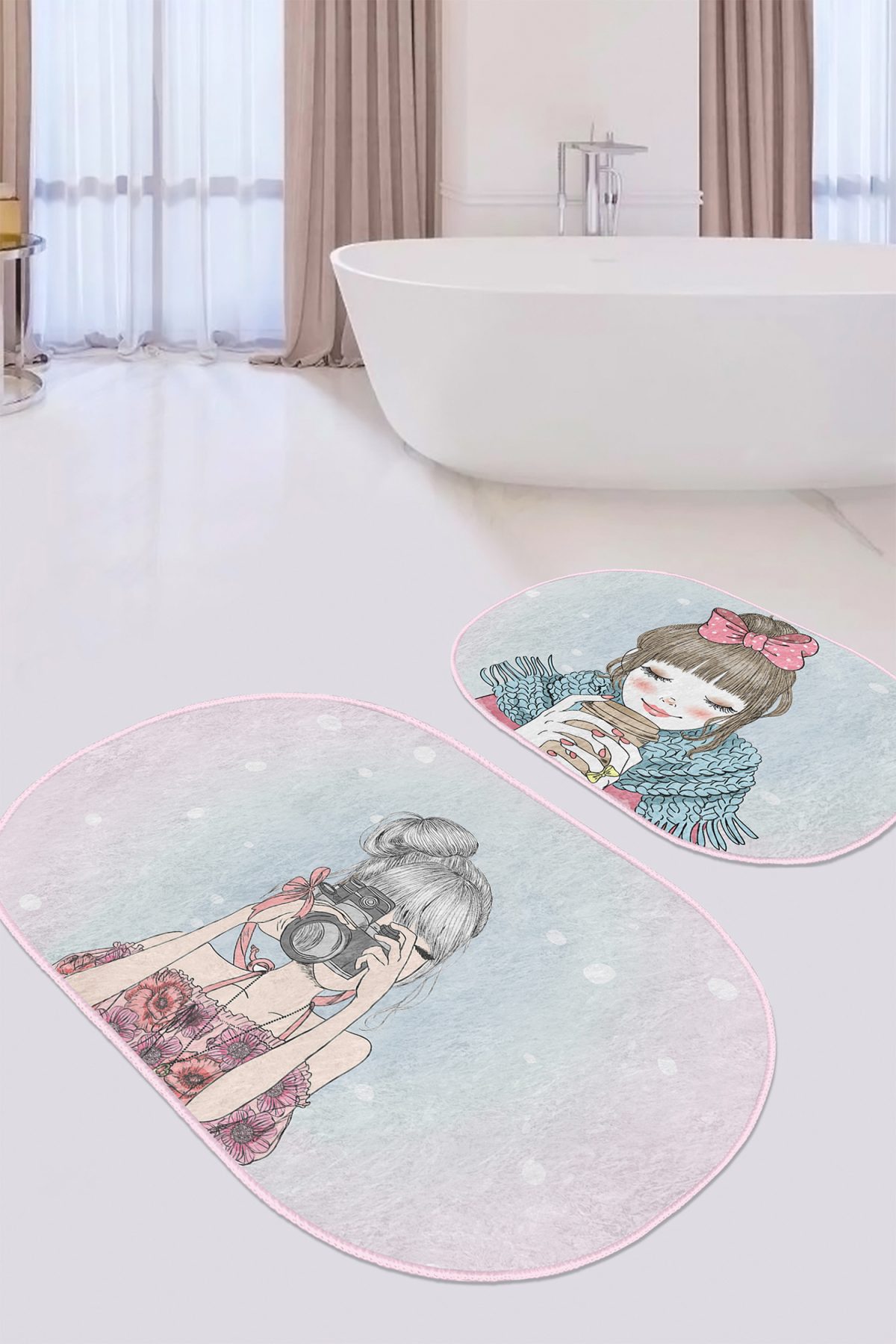 Renkli Zemin Fashion Girl Dijital Baskılı 2'li Oval Kaymaz Tabanlı Banyo & Mutfak Paspas Takımı Realhomes