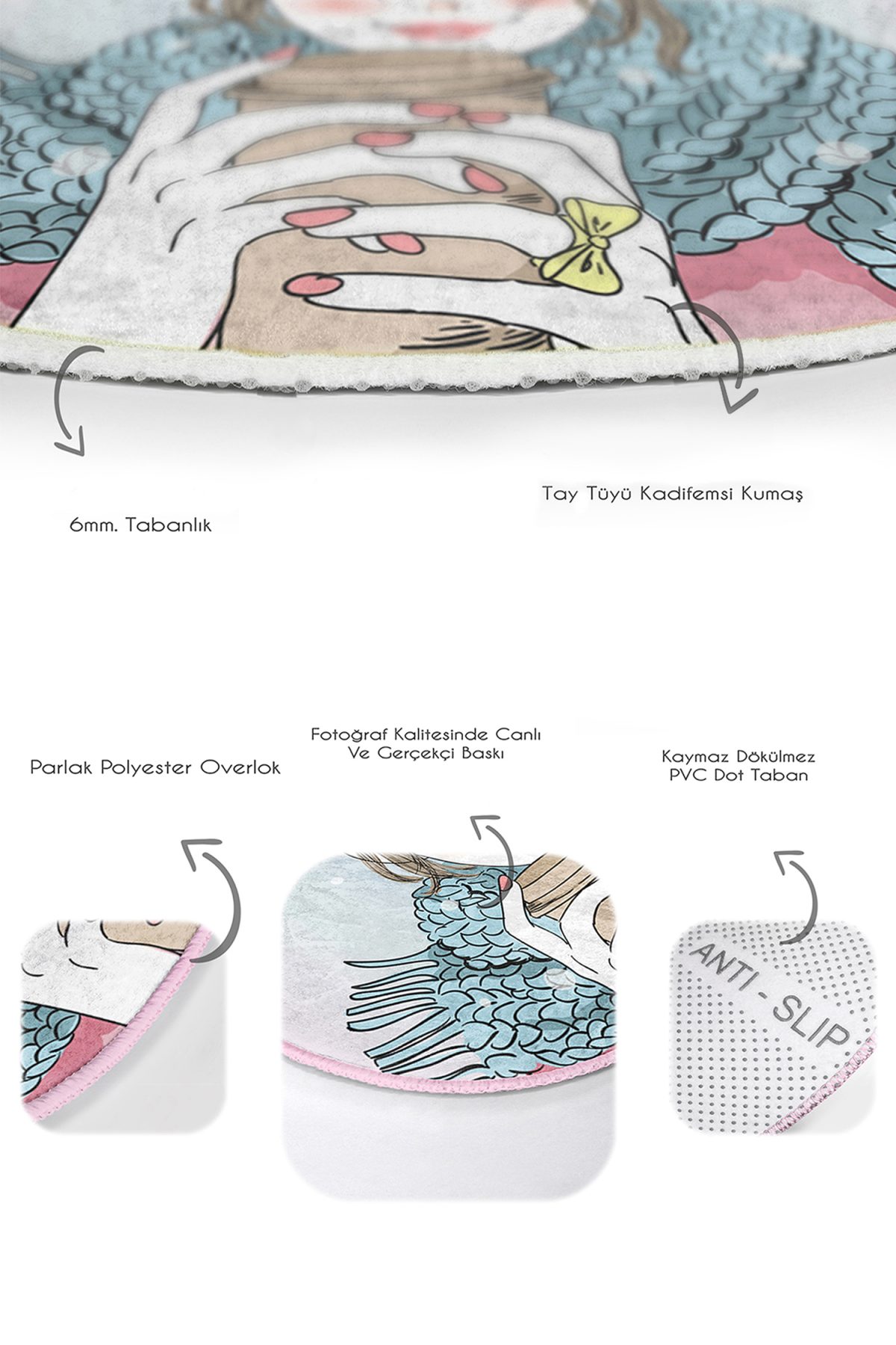 Renkli Zemin Fashion Girl Dijital Baskılı 2'li Oval Kaymaz Tabanlı Banyo & Mutfak Paspas Takımı Realhomes