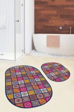 - RealHomes - Realhomes  Kareli Etnik Motifli Özel Tasarımlı 2'li Oval Kaymaz Tabanlı Banyo & Mutfak Paspas Takımı Realhomes