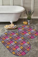 - RealHomes - Realhomes  Kareli Etnik Motifli Özel Tasarımlı 2'li Oval Kaymaz Tabanlı Banyo & Mutfak Paspas Takımı Realhomes